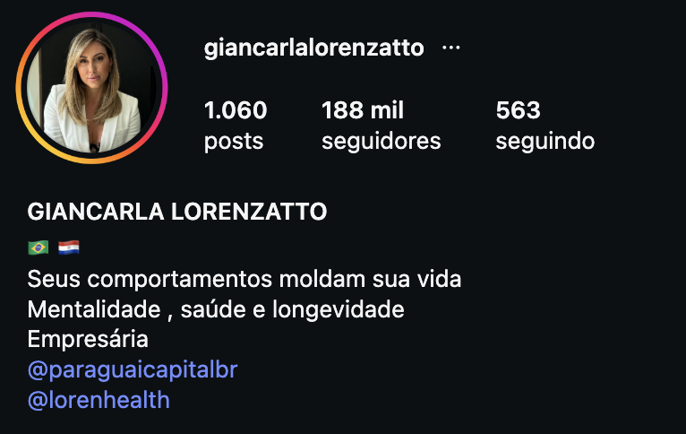 Instagram de Giancarla Lorenzatto, 188 mil seguidores